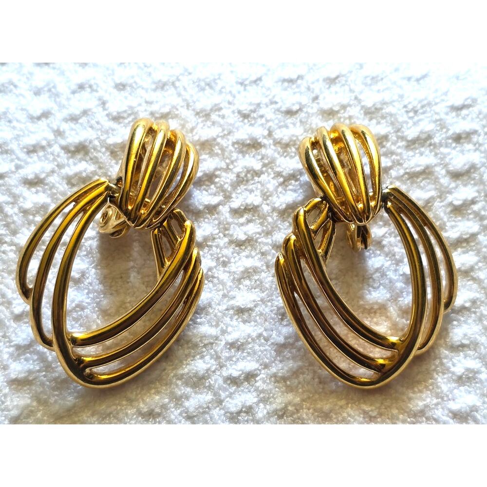 Monet Gold Tone Door Knocker Clip Earrings Triple Hoop Dangle Vintage